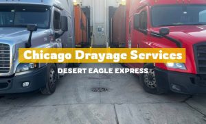 "Desert Eagle Express truck transporting intermodal container in Chicago rail yard – bonded and hazmat drayage services"