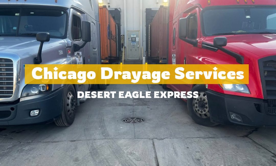 "Desert Eagle Express truck transporting intermodal container in Chicago rail yard – bonded and hazmat drayage services"